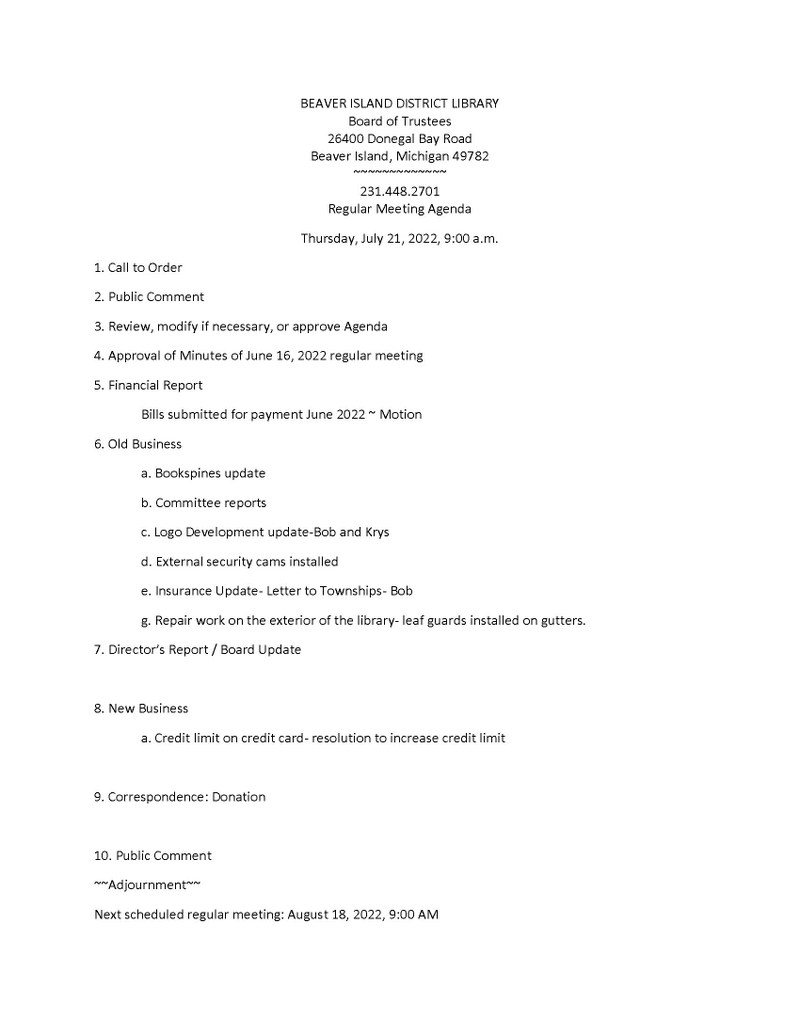 July 21 Board Agenda